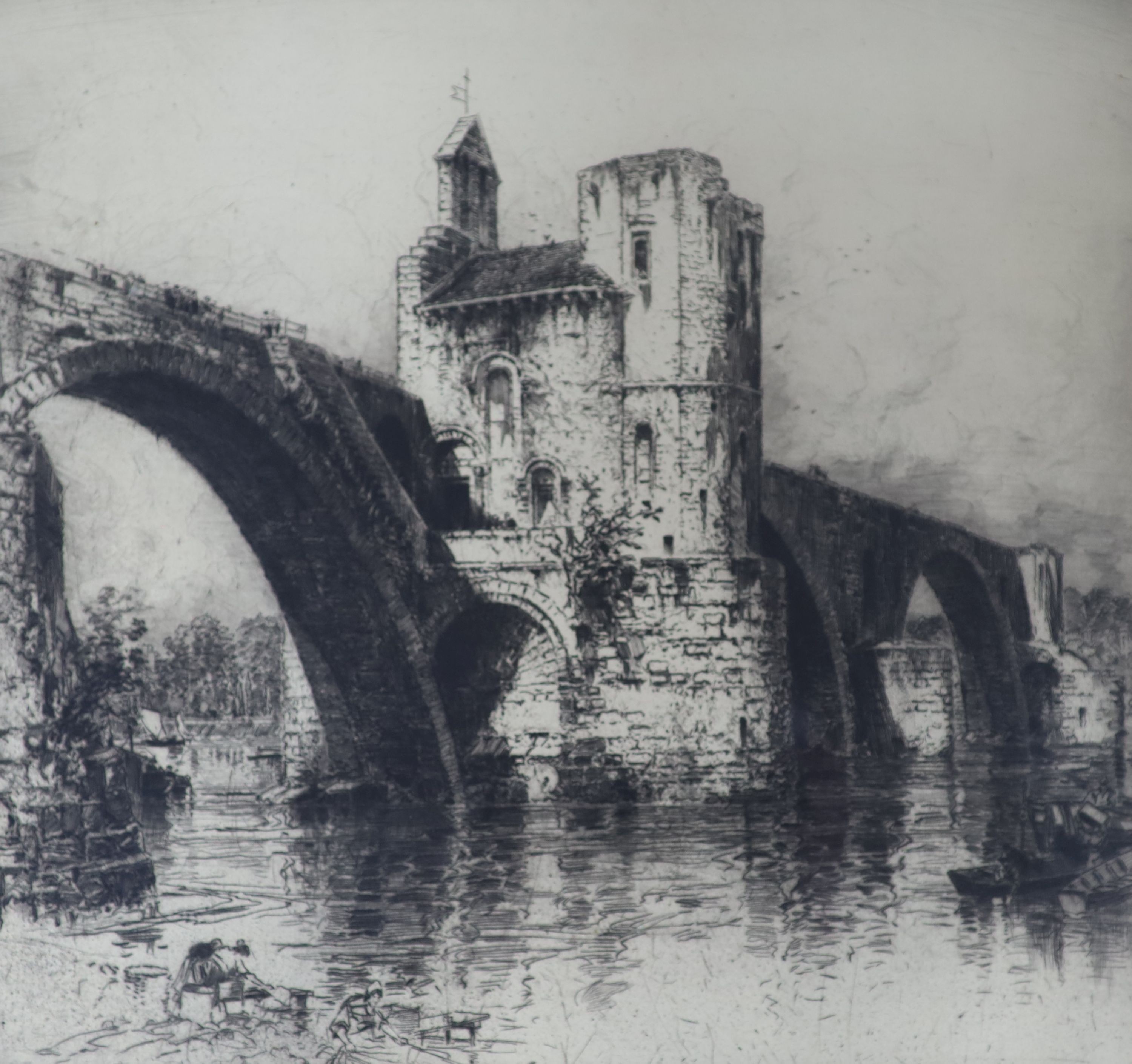 Hedley Fitton (1859-1929), etching, Castellated bridge, signed in pencil, 43 x 45cm